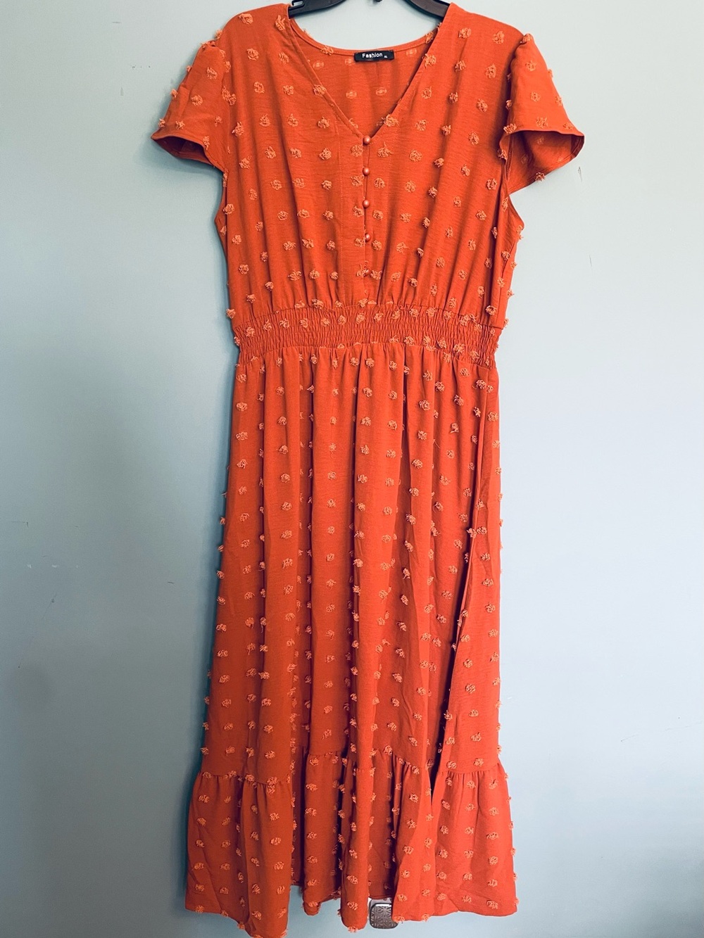 Textured Orange Maxi Dress with Smocked Waist - Women